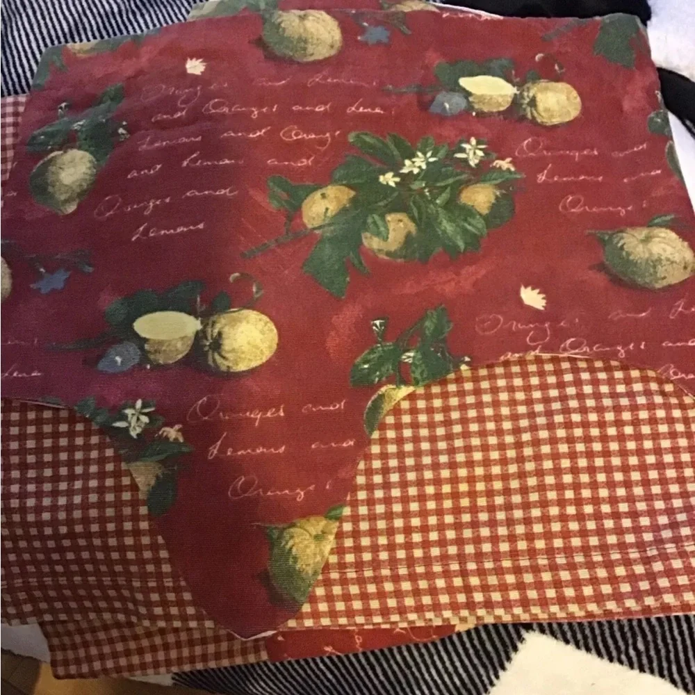 Waverly~Lemons/Orange Kitchen 2 Pc Valance Curtains 54 X 14, Red Checks/Fruit